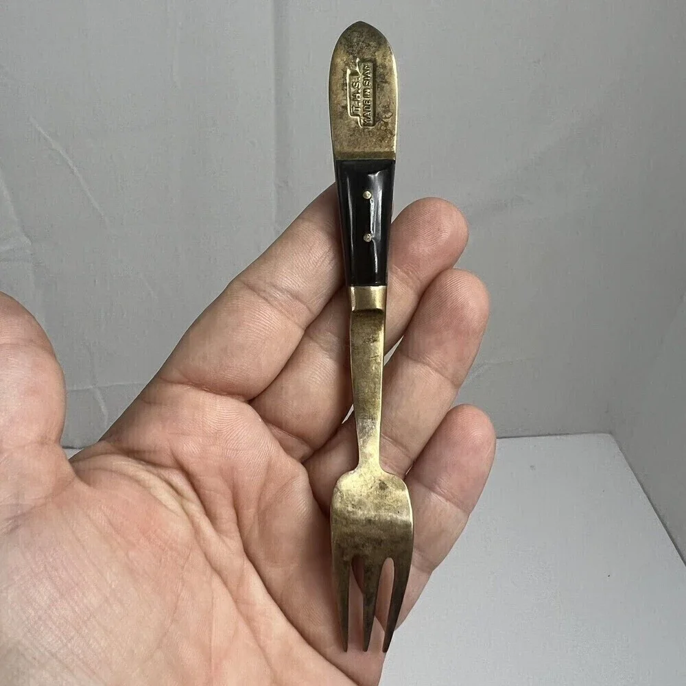 Vintage Siam Flatware Asian Thai Brass And Teakwood HANDLE- Small Fork Cheese